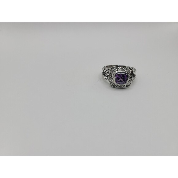 Vintage Silver Tone Purple Stone Halo Ring Rope Band Cushion Cut SZ 7 - Picture 9 of 11